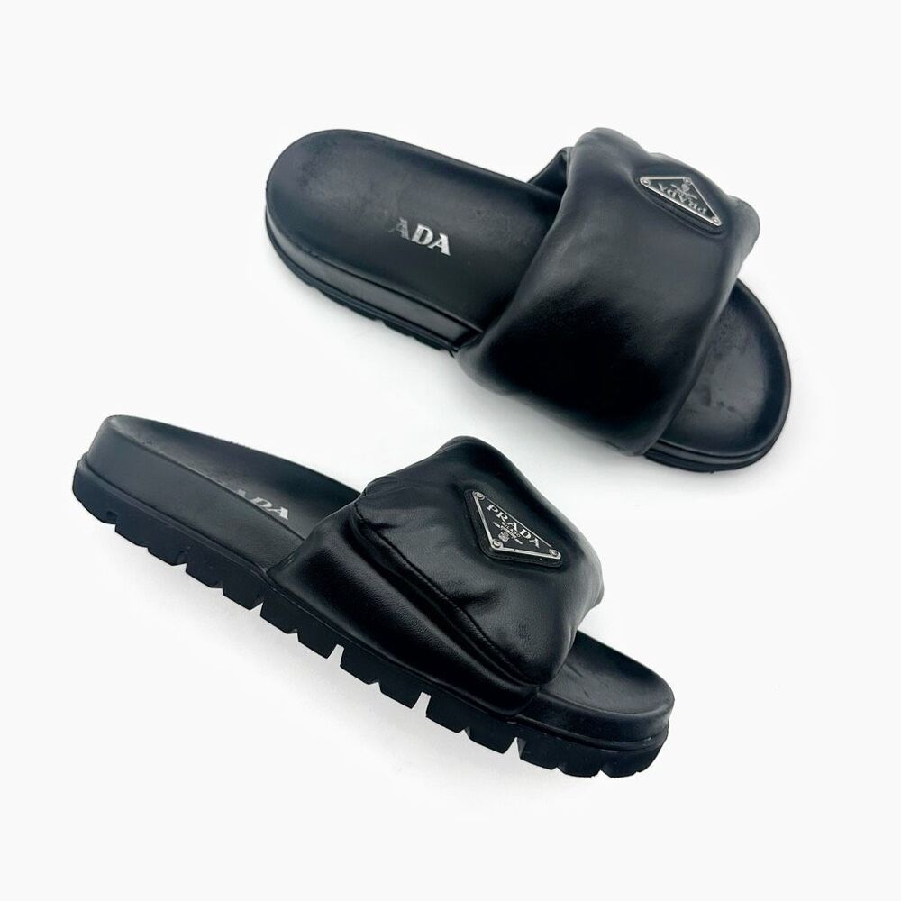 PRADA Soft Slider Sandals Padded Nappa Leather Size 39 Enamel Triangle Logo - Picture 13 of 13
